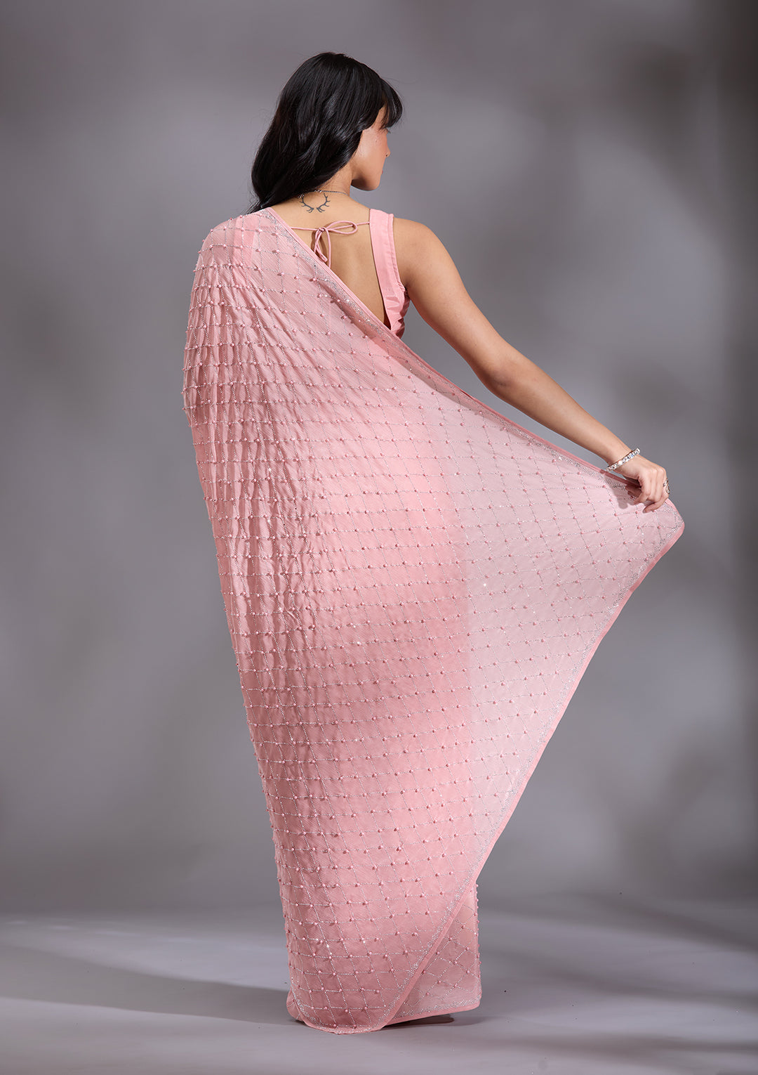 Peach Pearlwork Chiffon Saree