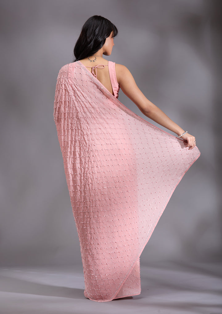 Peach Pearlwork Chiffon Saree