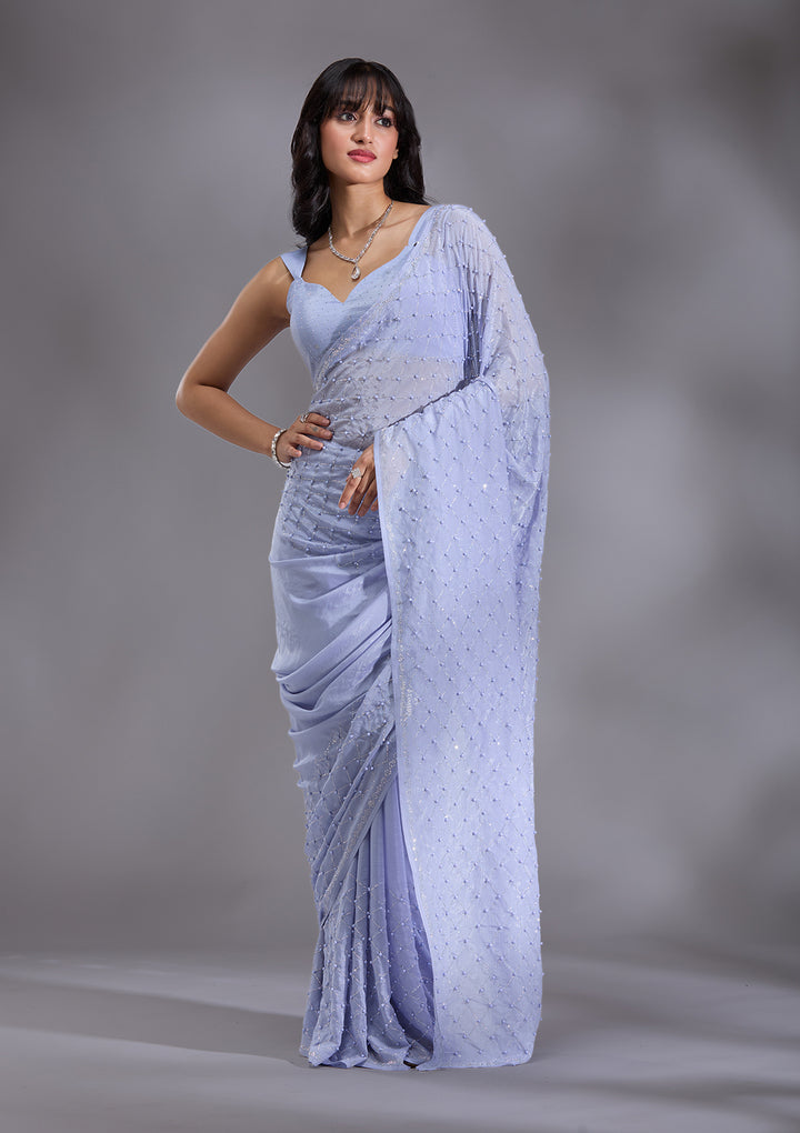 Sky Blue Pearlwork Chiffon Saree