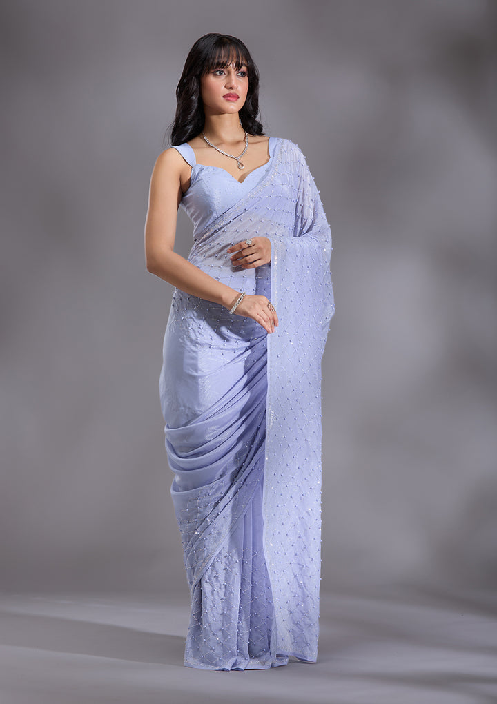 Sky Blue Pearlwork Chiffon Saree