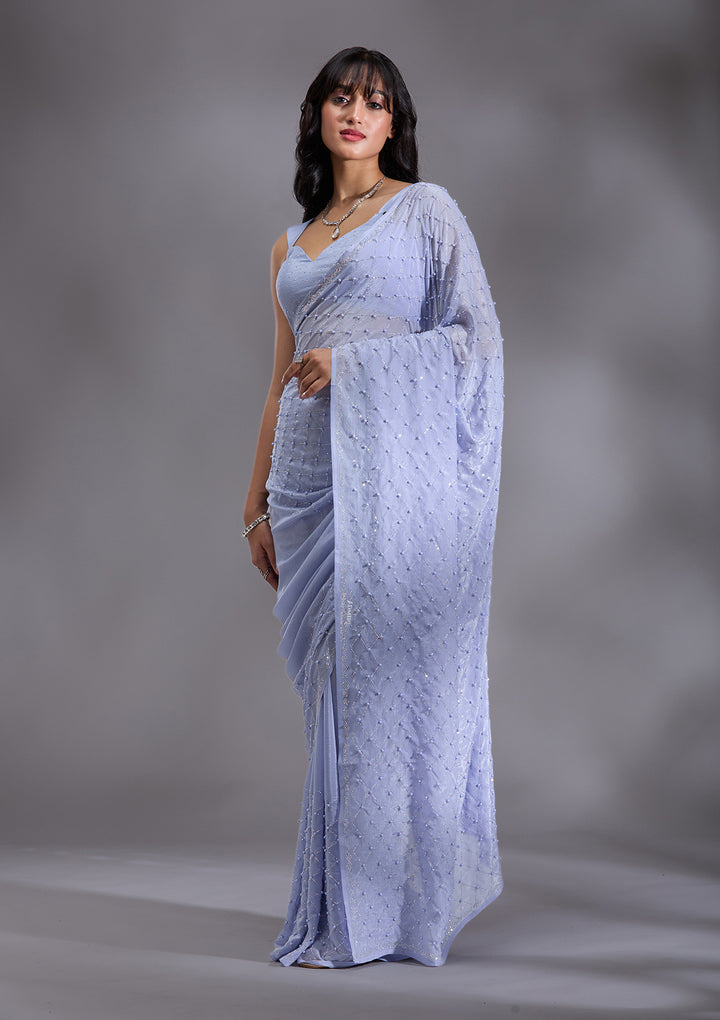 Sky Blue Pearlwork Chiffon Saree