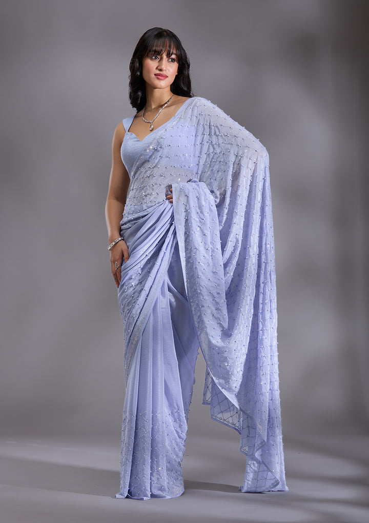 Sky Blue Pearlwork Chiffon Saree