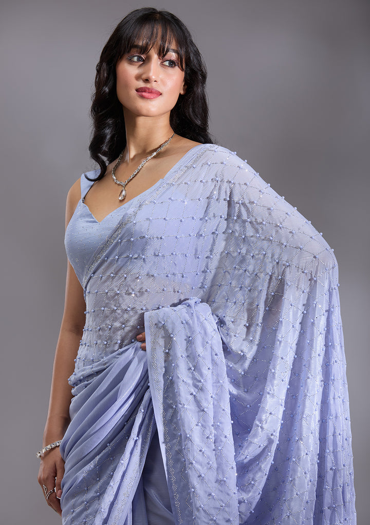 Sky Blue Pearlwork Chiffon Saree