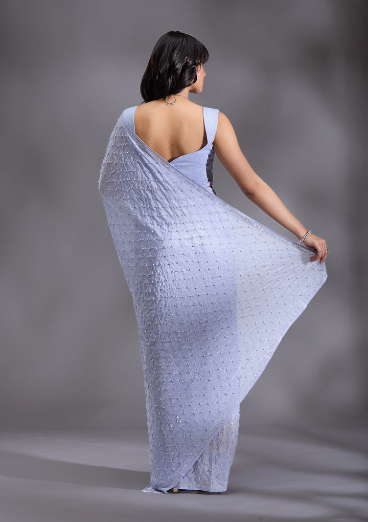 Sky Blue Pearlwork Chiffon Saree