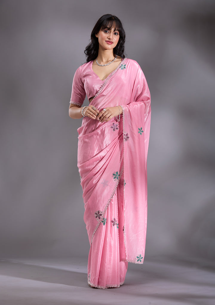 Pink Silver Stonework Satin Saree