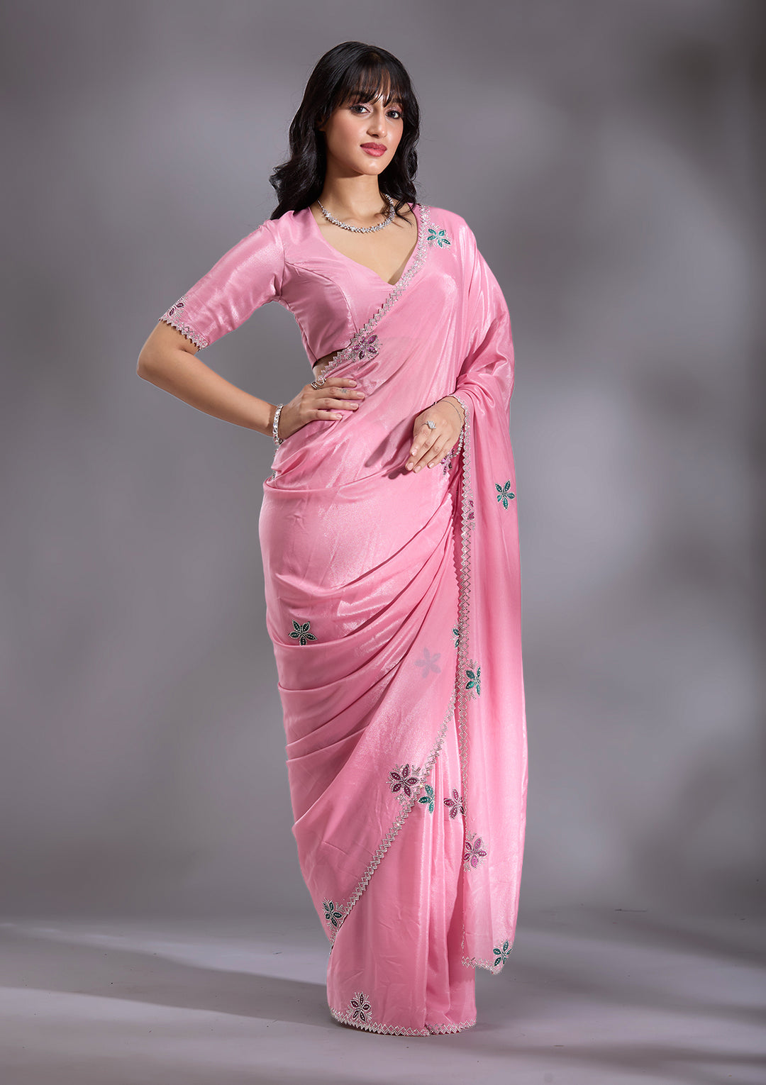 Pink Silver Stonework Satin Saree