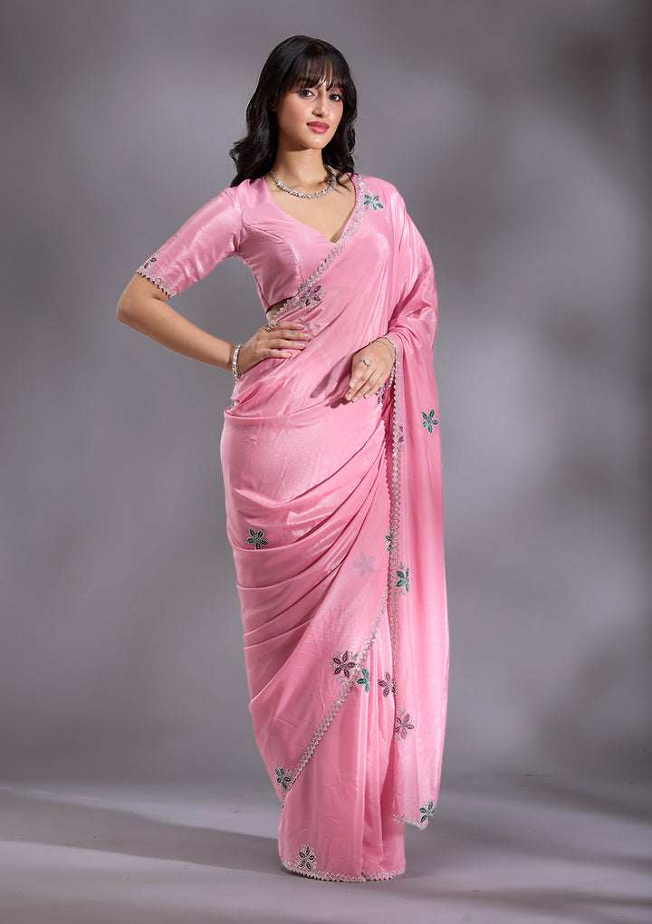Pink Silver Stonework Satin Saree