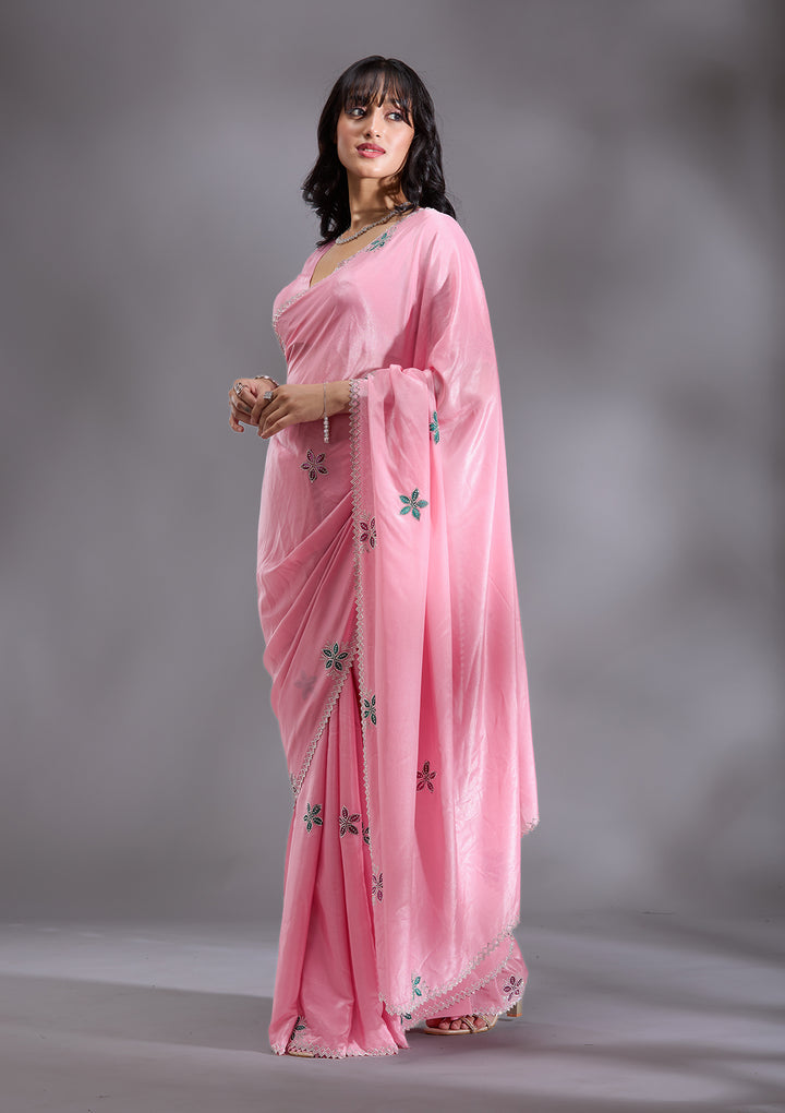 Pink Silver Stonework Satin Saree