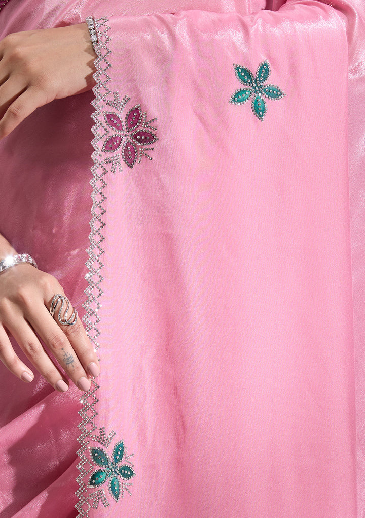 Pink Silver Stonework Satin Saree