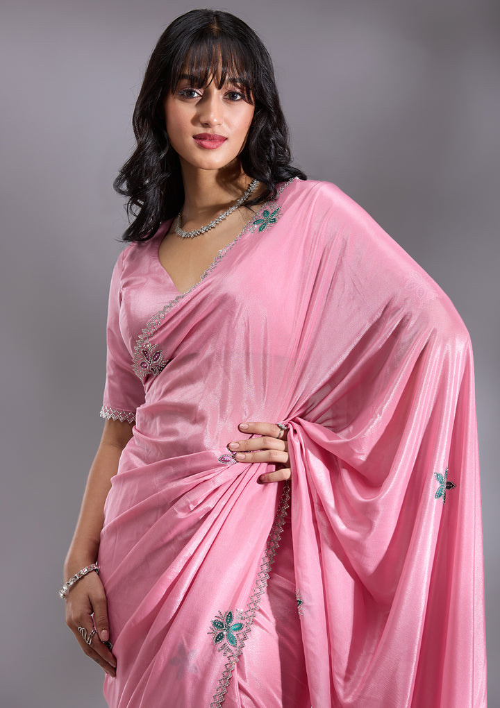 Pink Silver Stonework Satin Saree