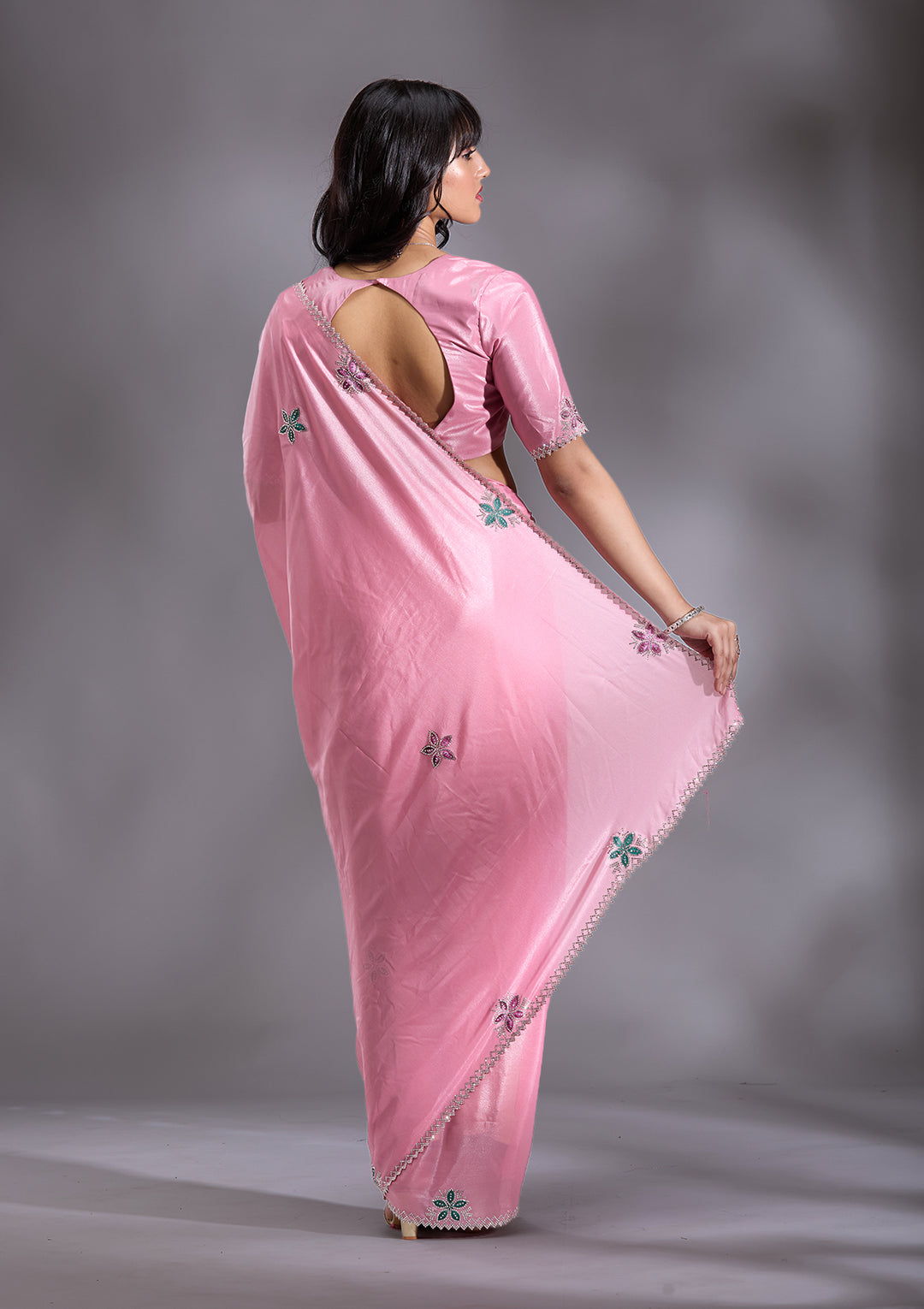 Pink Silver Stonework Satin Saree
