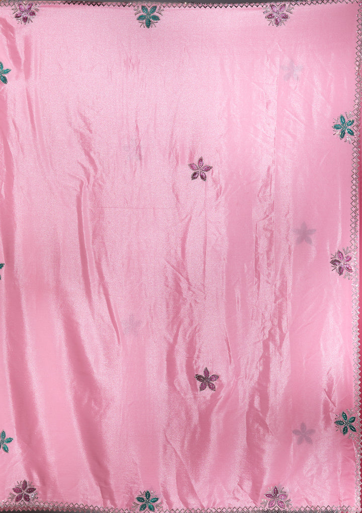 Pink Silver Stonework Satin Saree