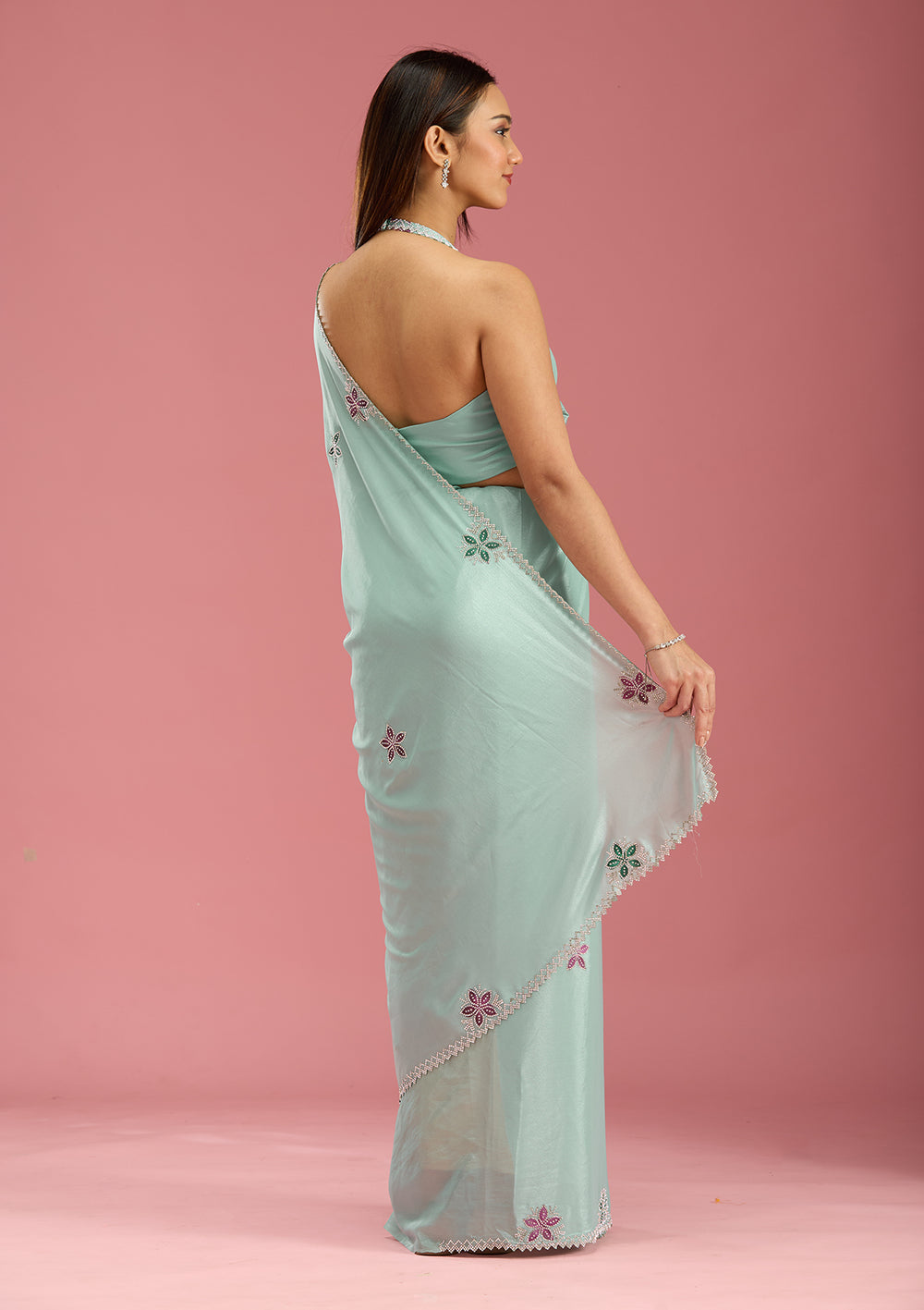 Sea Green Stonework (Silver) Satin Saree