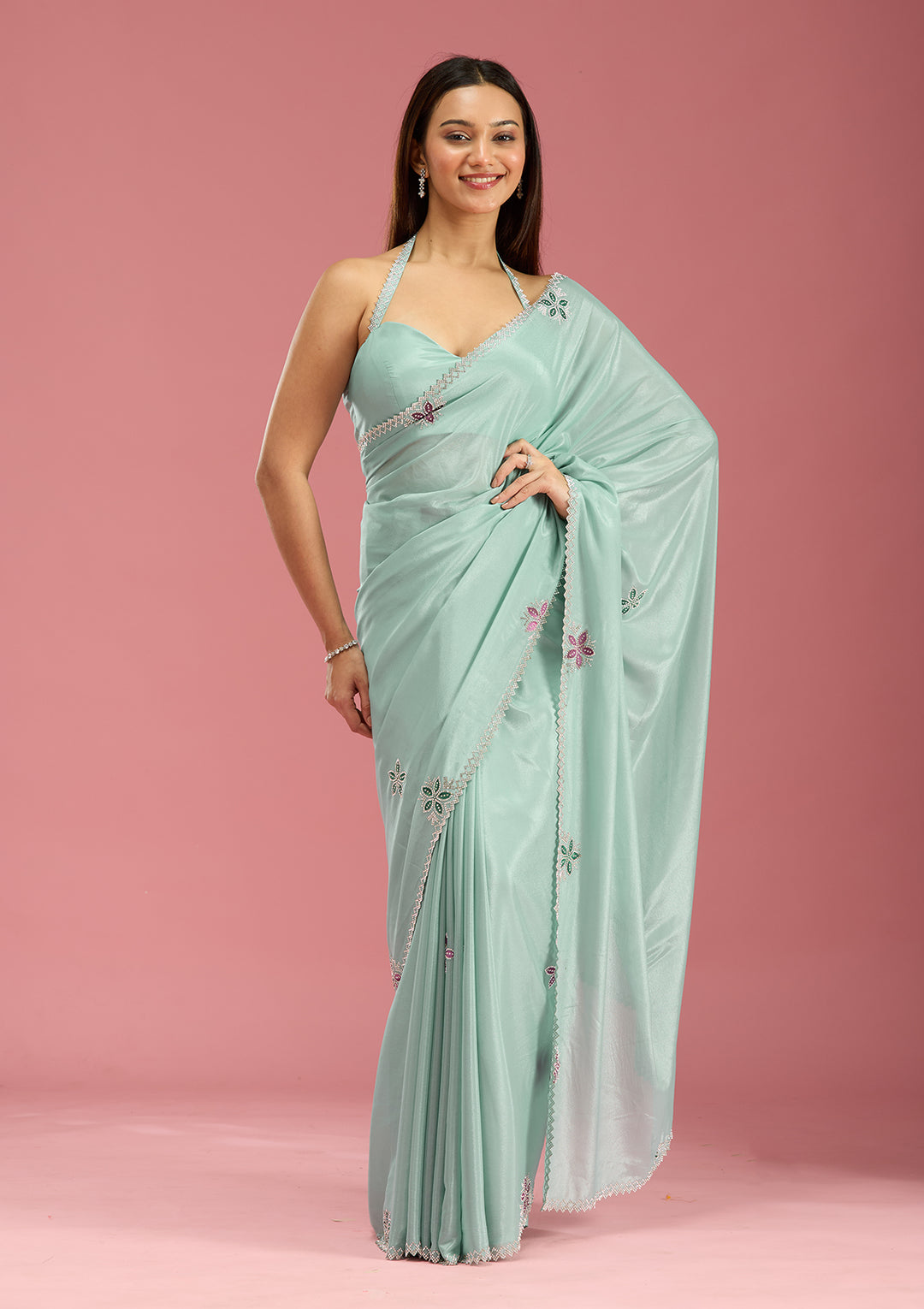 Sea Green Stonework (Silver) Satin Saree