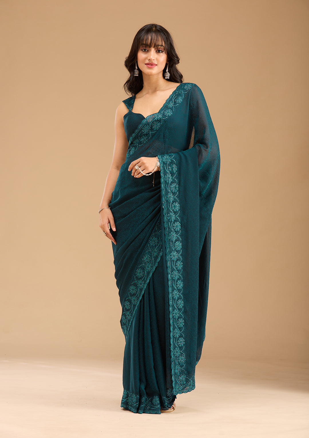 Blue Threadwork Chiffon Saree
