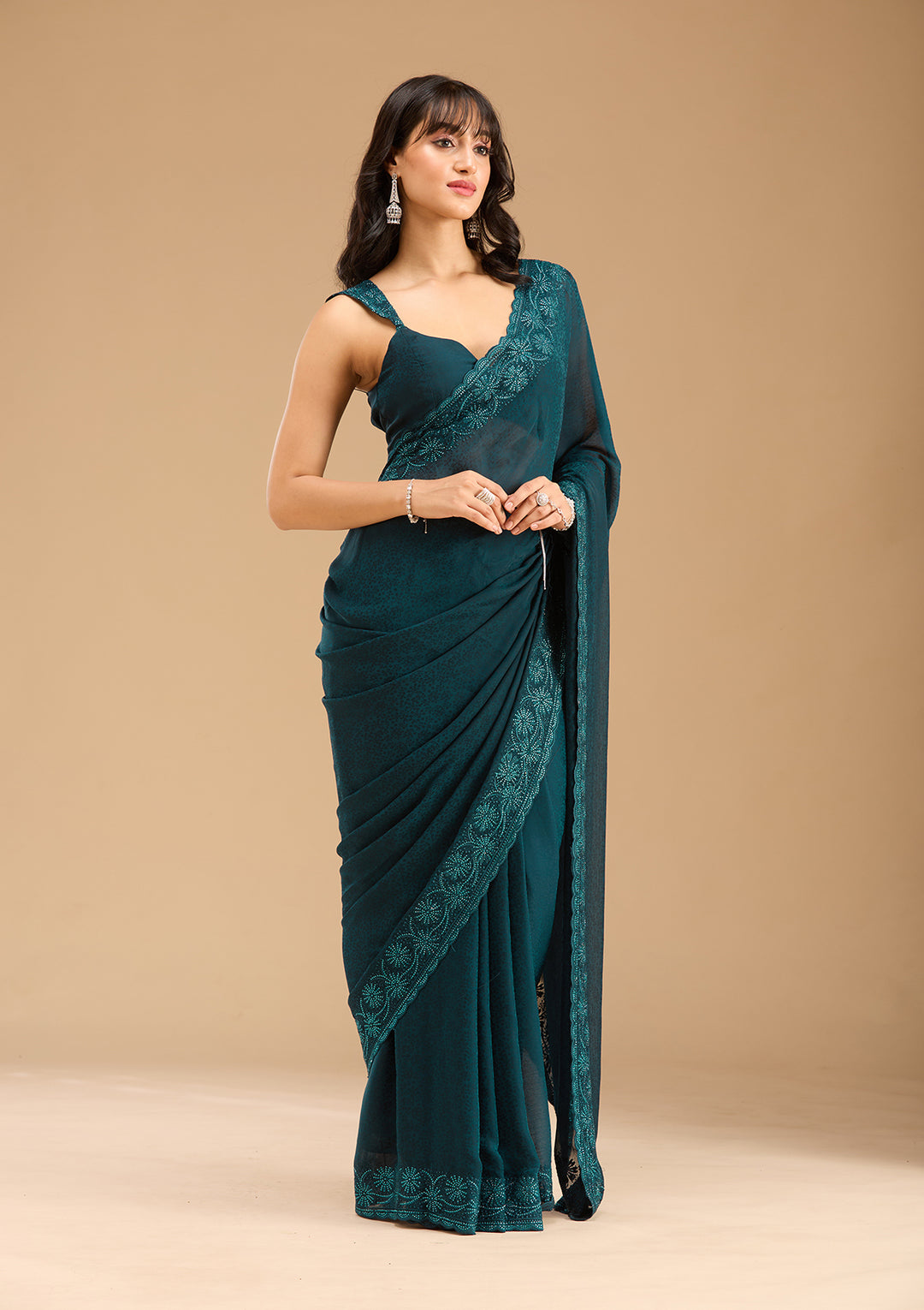 Blue Threadwork Chiffon Saree