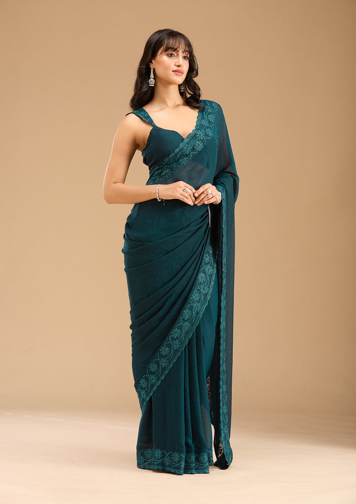 Blue Threadwork Chiffon Saree