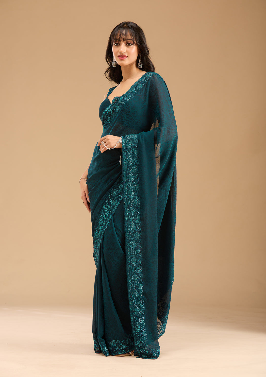 Blue Threadwork Chiffon Saree
