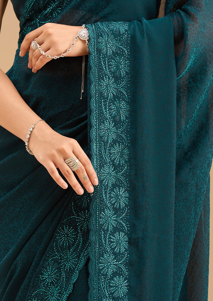 Blue Threadwork Chiffon Saree