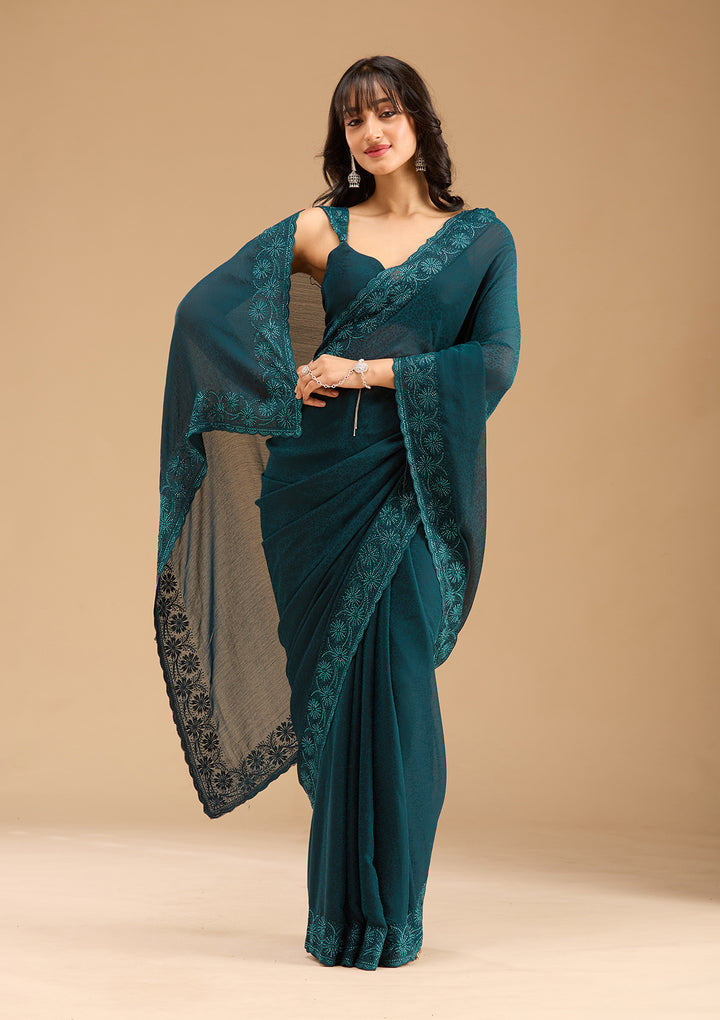 Blue Threadwork Chiffon Saree