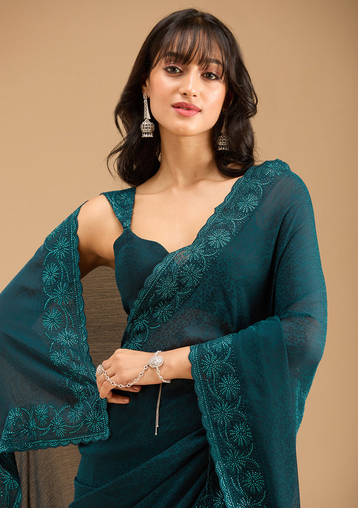 Blue Threadwork Chiffon Saree
