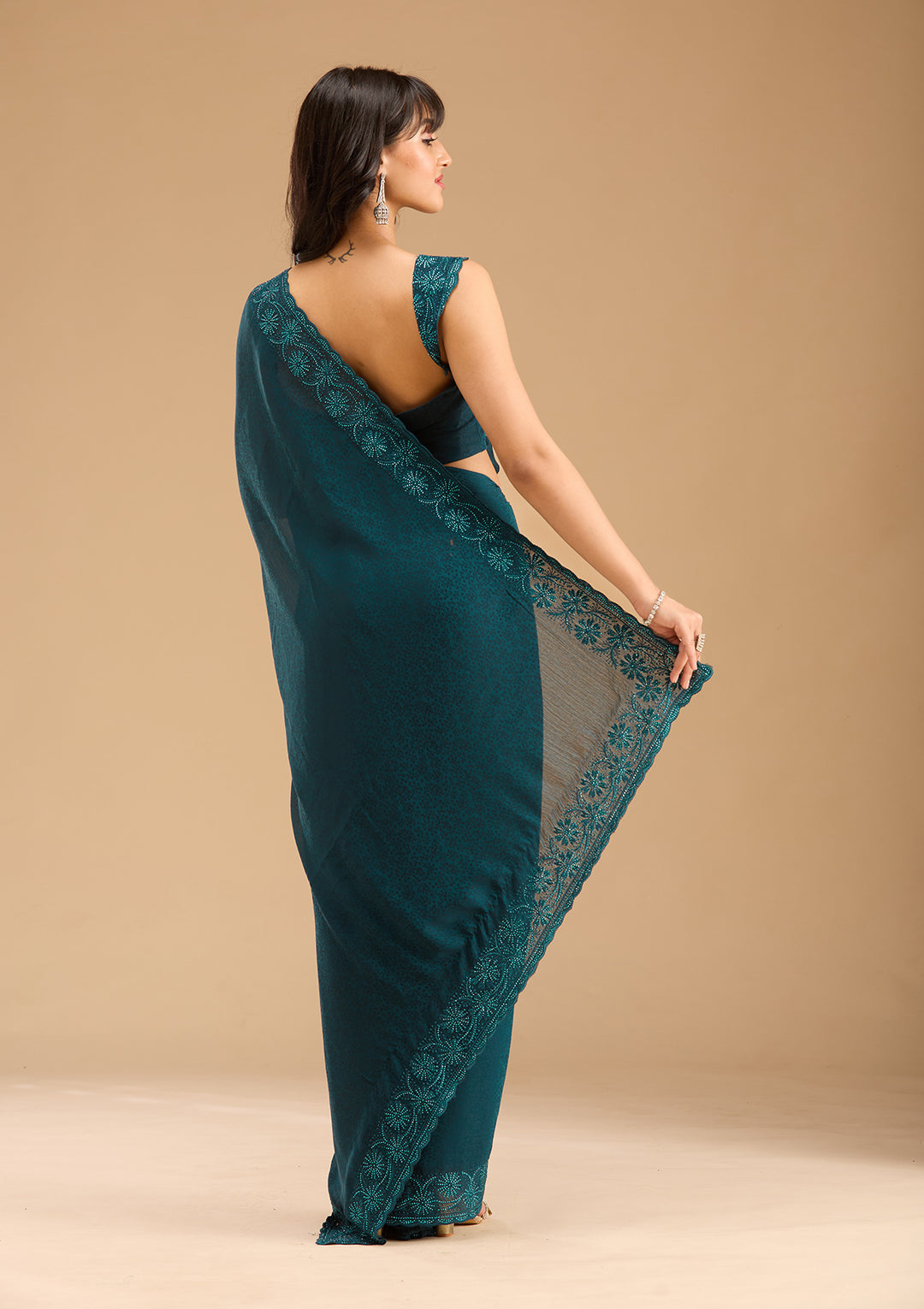 Blue Threadwork Chiffon Saree