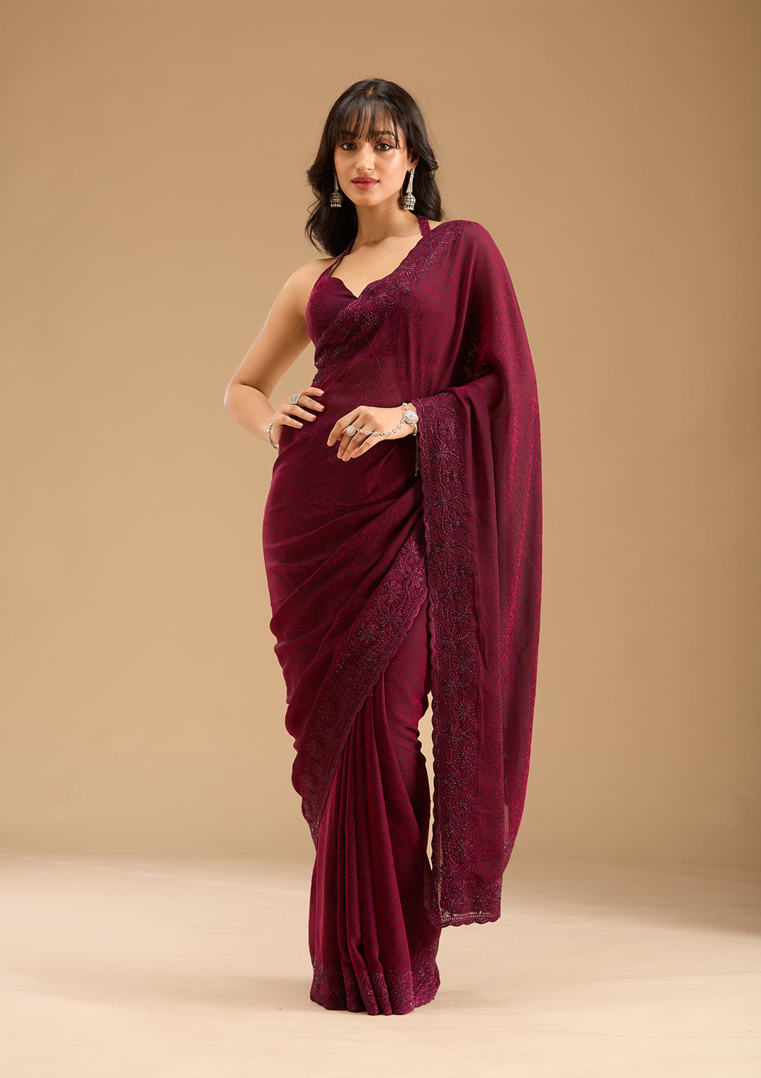 Purple Threadwork Chiffon Saree