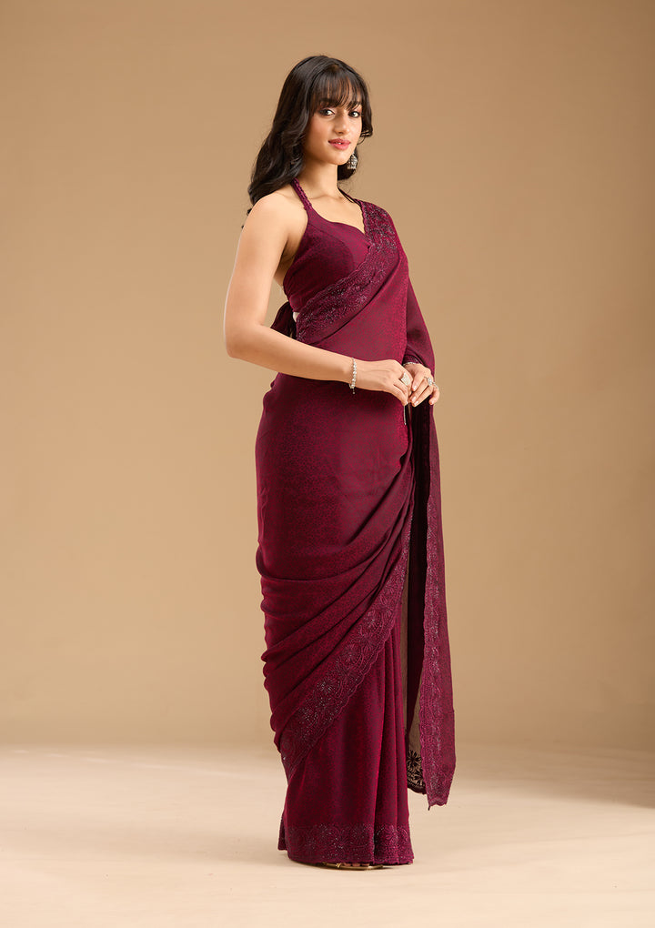 Purple Threadwork Chiffon Saree