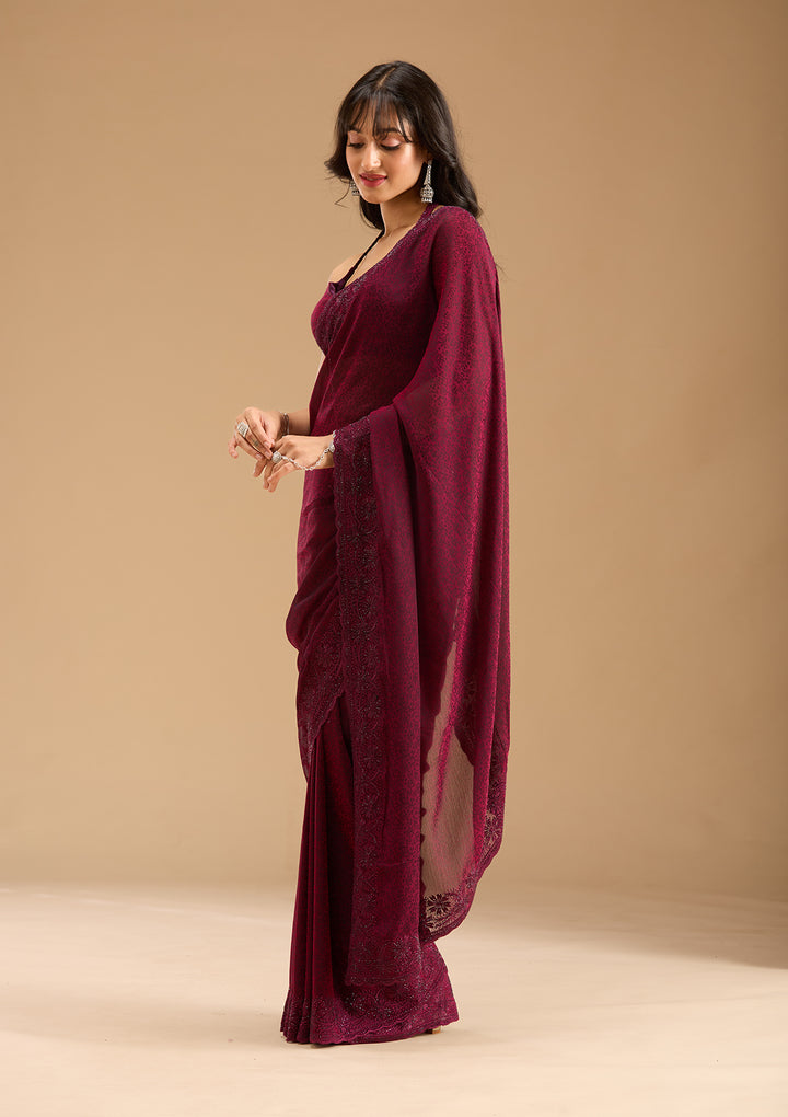 Purple Threadwork Chiffon Saree
