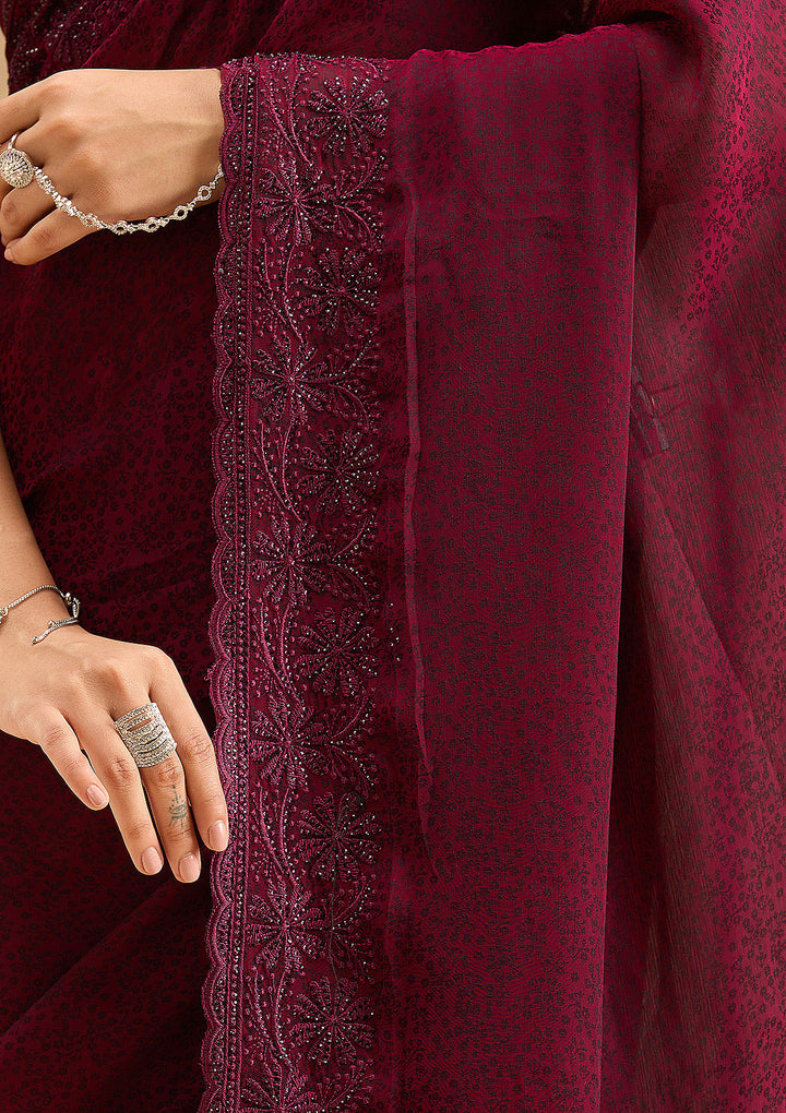 Purple Threadwork Chiffon Saree