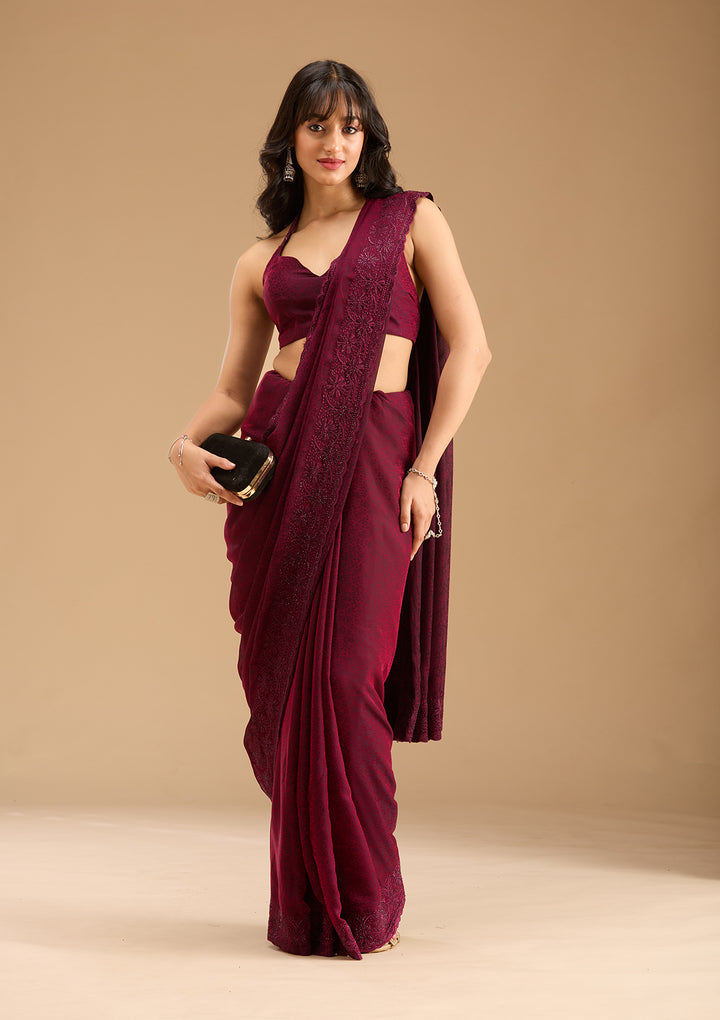 Purple Threadwork Chiffon Saree