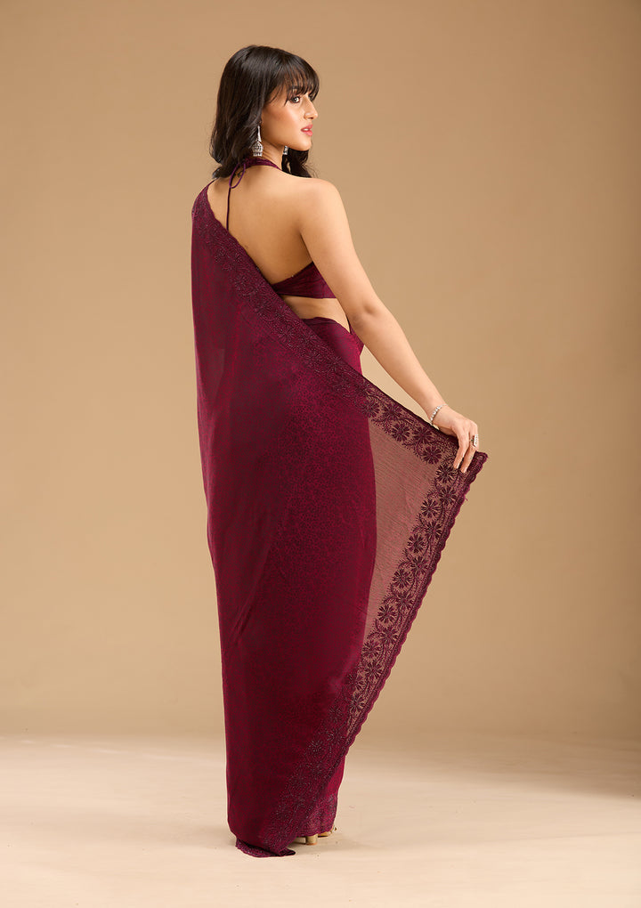 Purple Threadwork Chiffon Saree