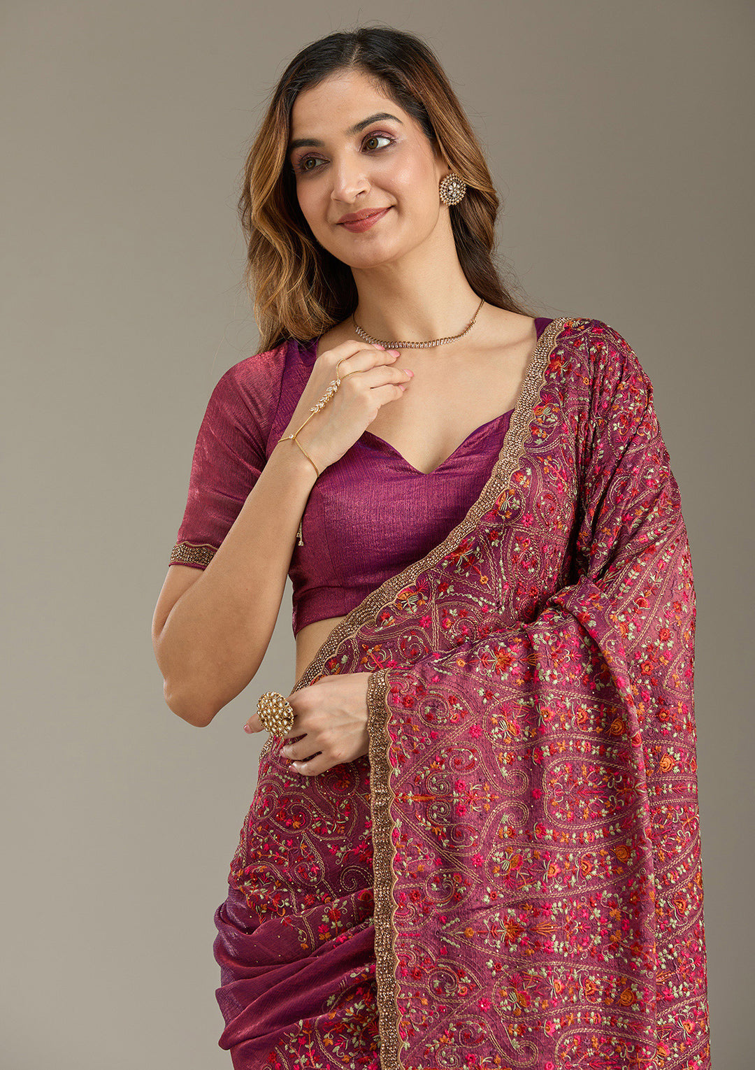 Wine Kashmiri Tissue Saree