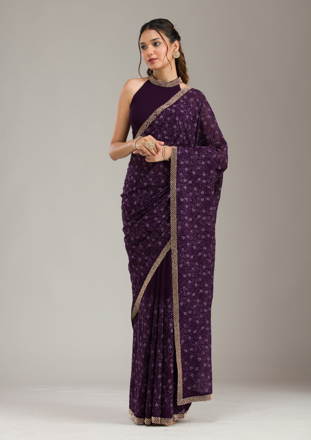 Purple Threadwork Soft Raw Silk Saree