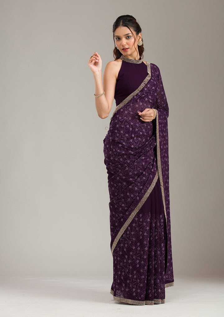 Purple Threadwork Soft Raw Silk Saree