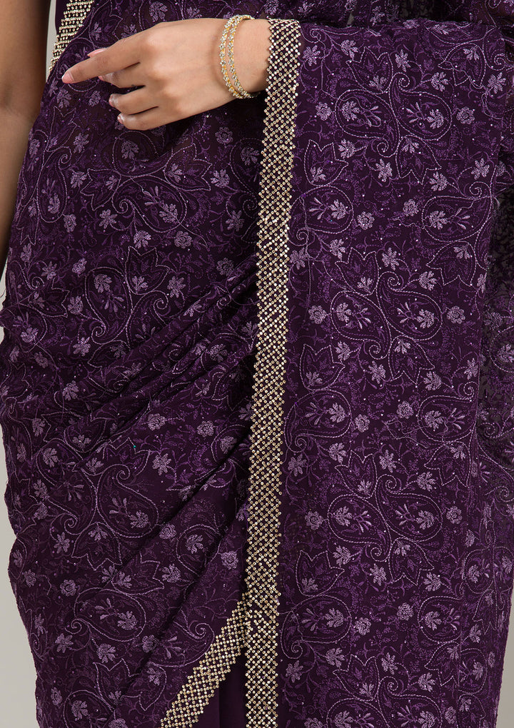 Purple Threadwork Soft Raw Silk Saree