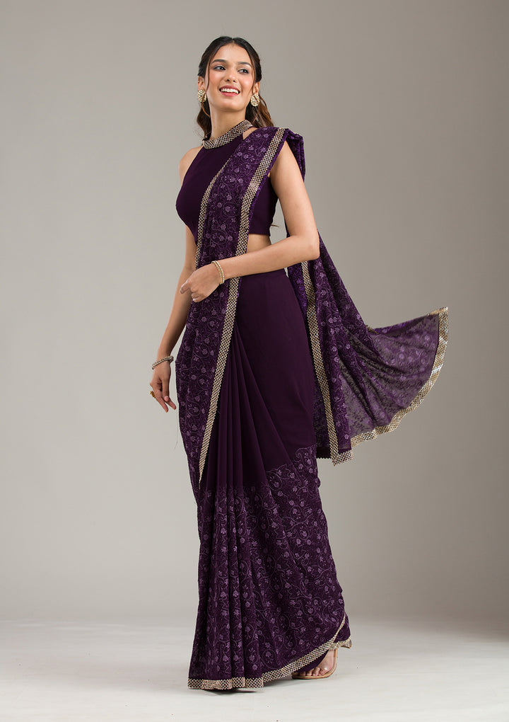Purple Threadwork Soft Raw Silk Saree