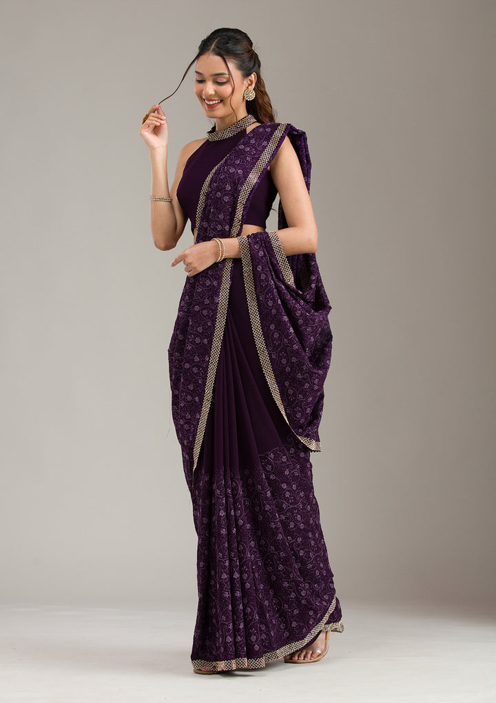 Purple Threadwork Soft Raw Silk Saree