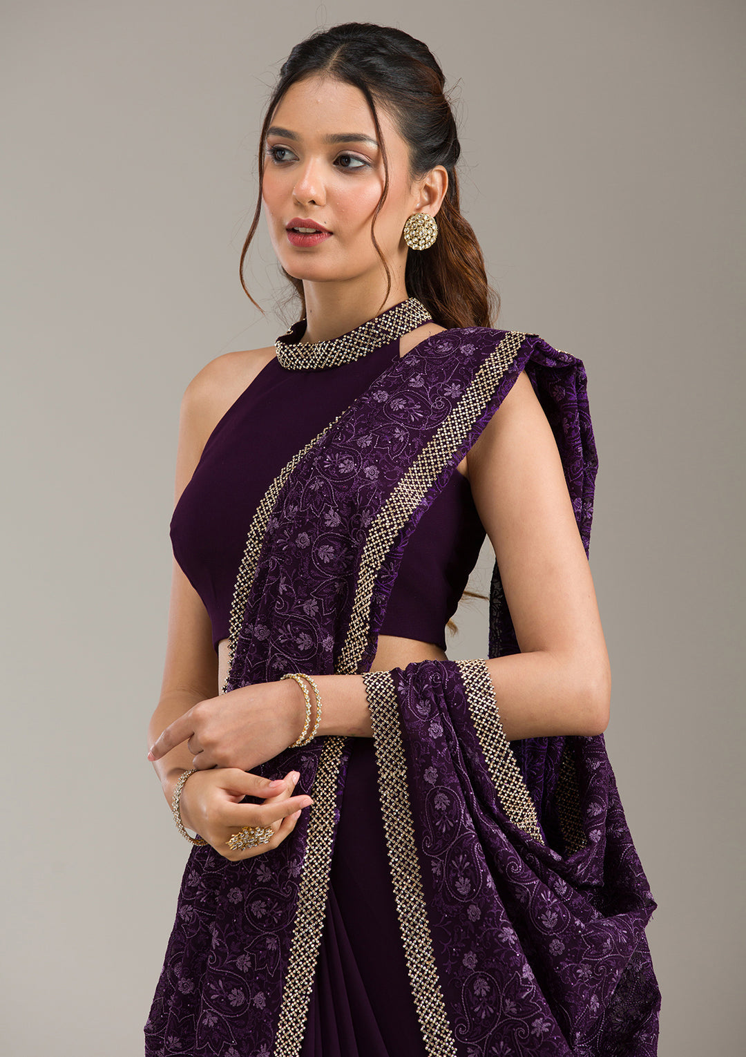 Purple Threadwork Soft Raw Silk Saree