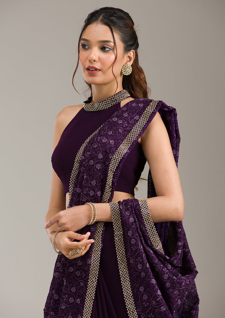 Purple Threadwork Soft Raw Silk Saree