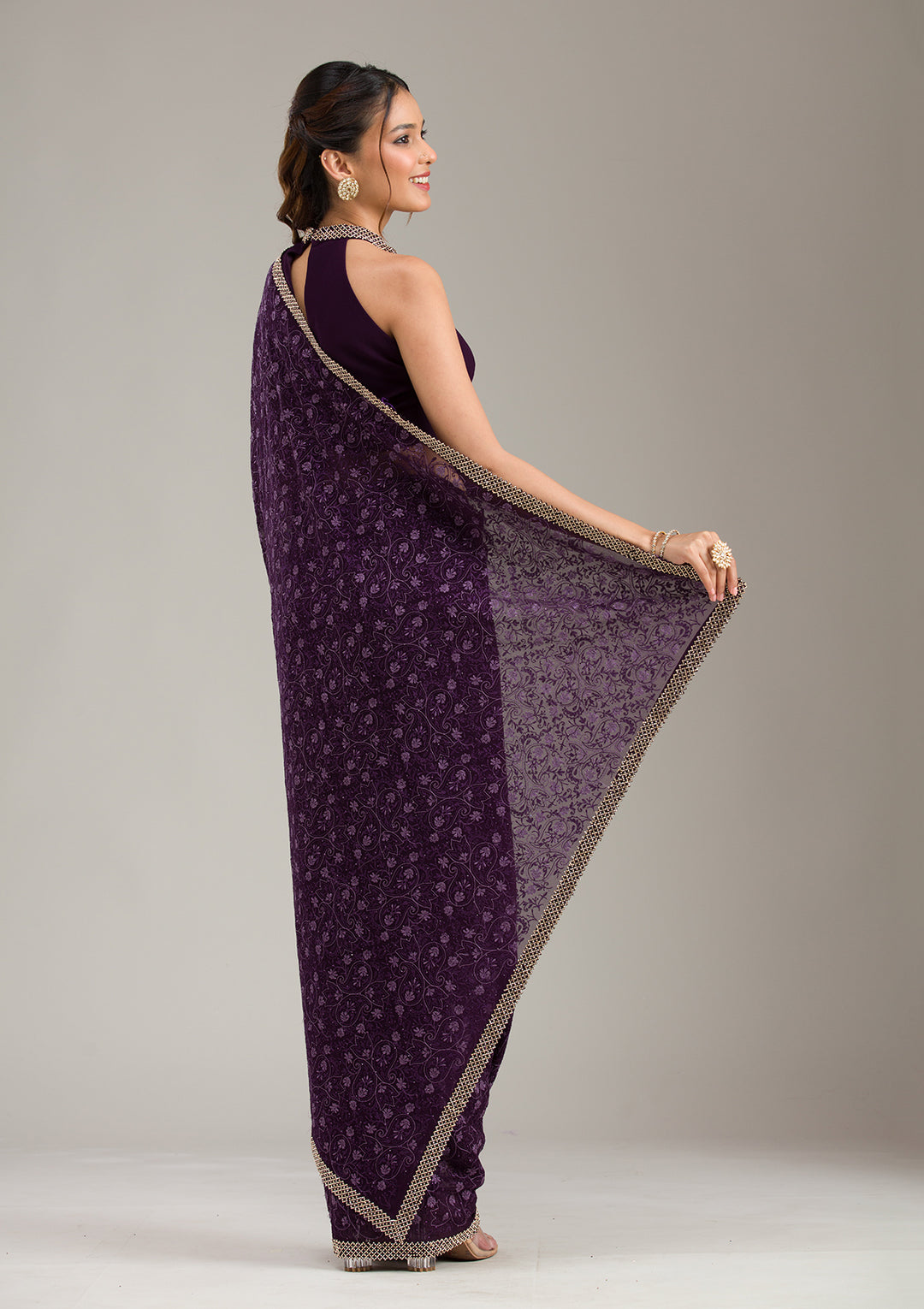 Purple Threadwork Soft Raw Silk Saree