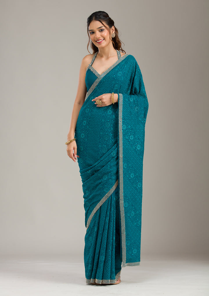 Teal Green Threadwork Georgette Saree