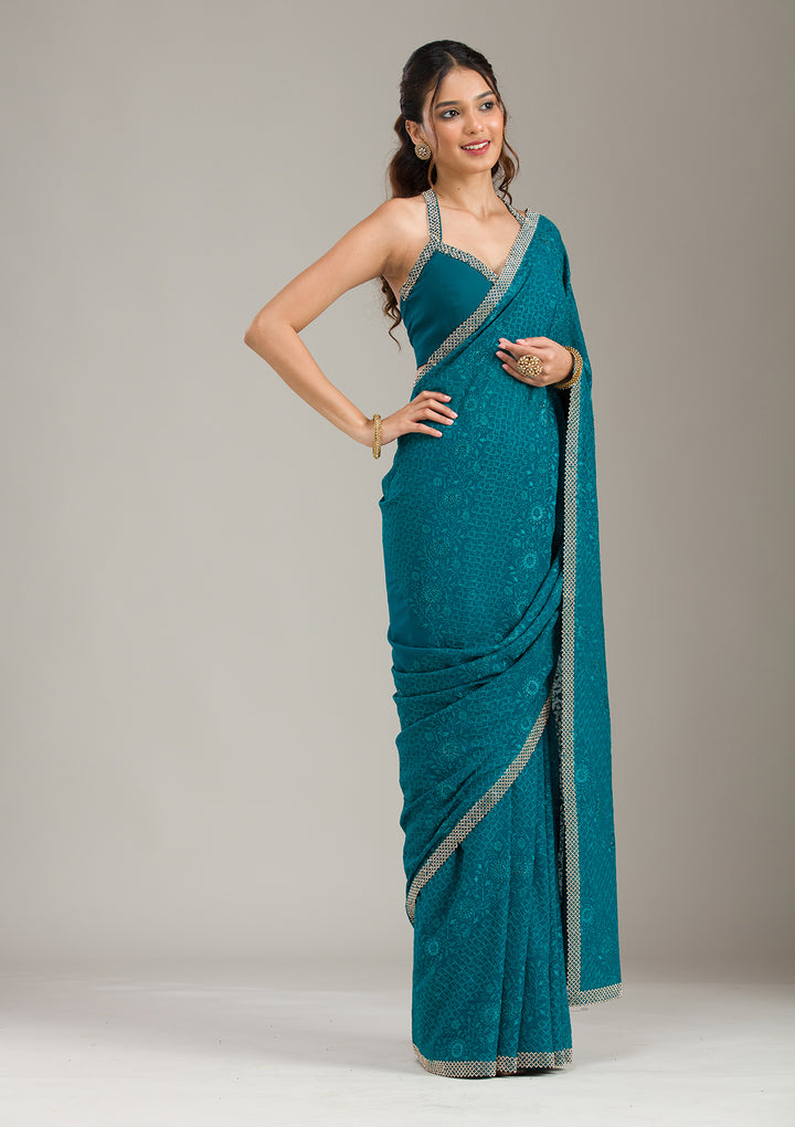 Teal Green Threadwork Georgette Saree