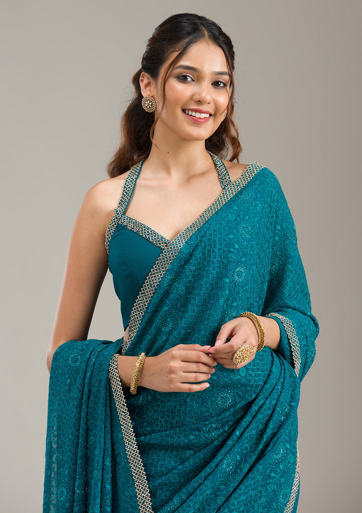 Teal Green Threadwork Georgette Saree