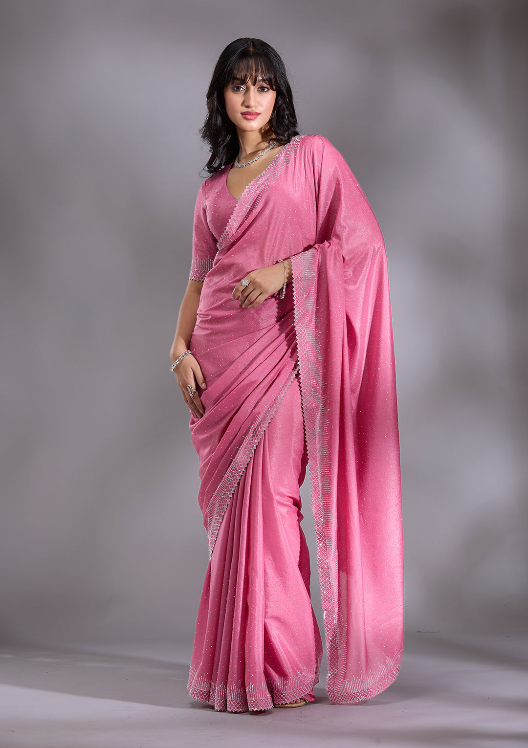 Pink Silver Stonework Satin Saree