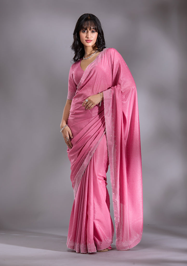 Pink Silver Stonework Satin Saree
