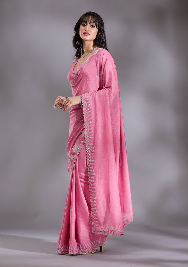 Pink Silver Stonework Satin Saree