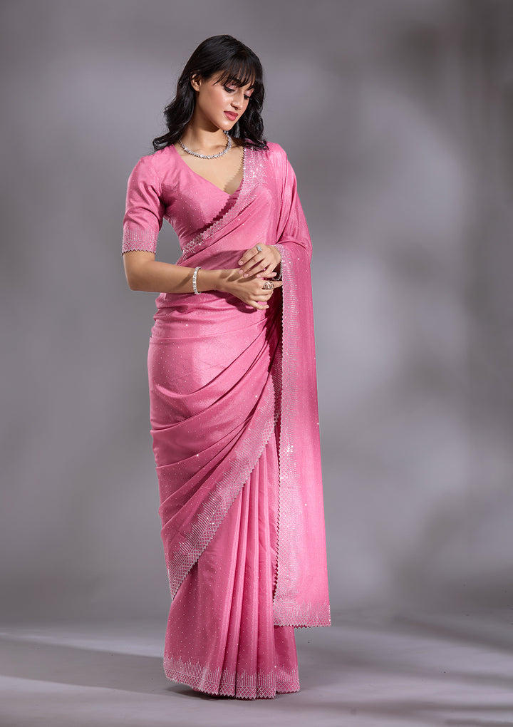 Pink Silver Stonework Satin Saree