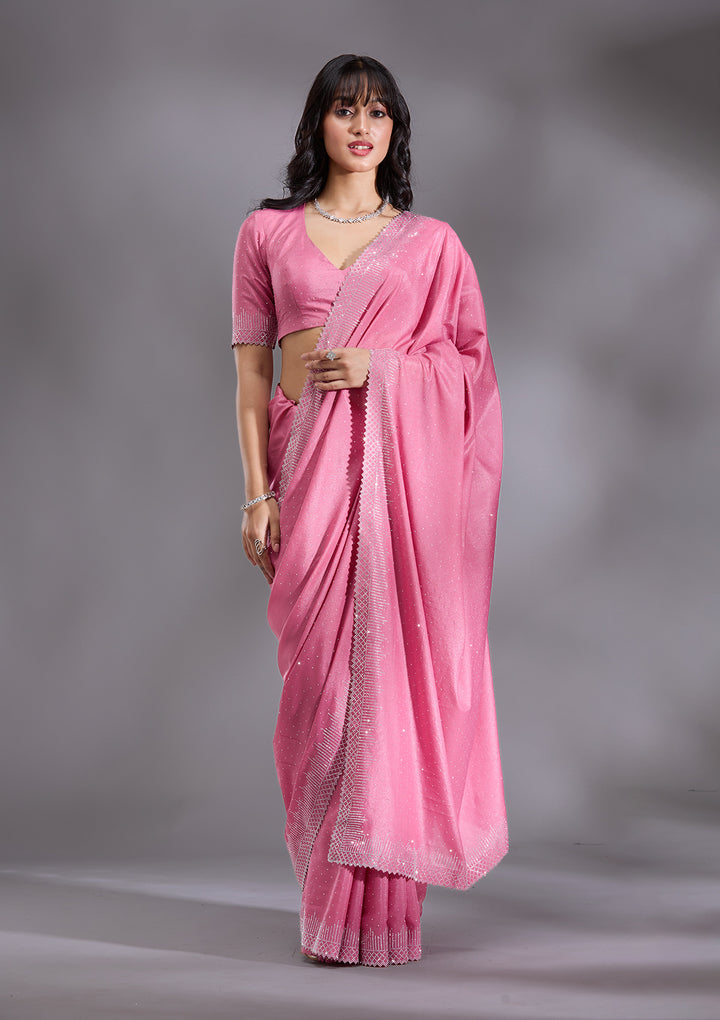 Pink Silver Stonework Satin Saree