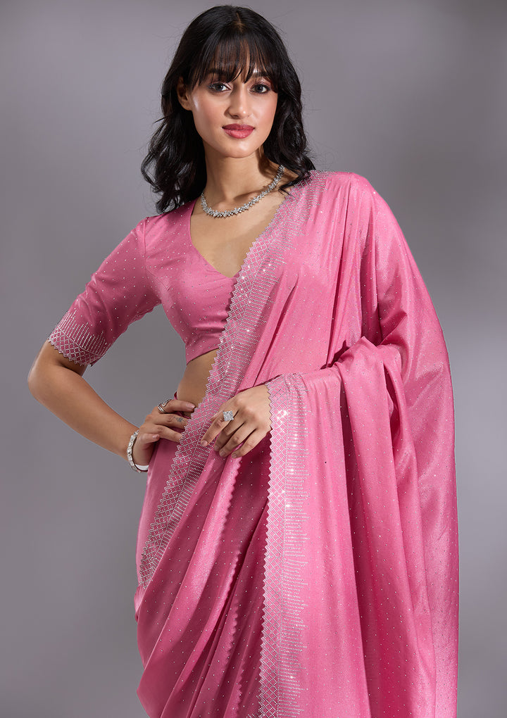 Pink Silver Stonework Satin Saree